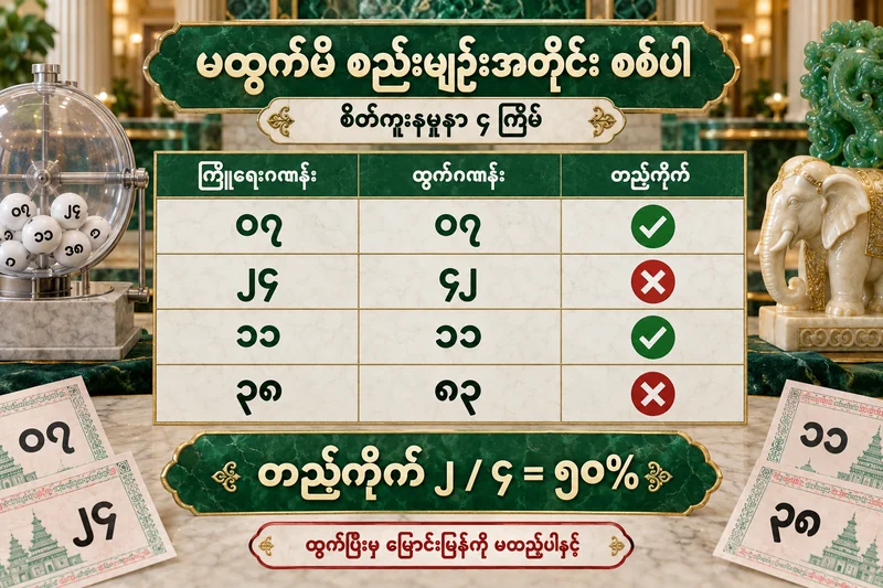 စိတ်ကူးမှတ်တမ်း လေးခုတွင် ၀၇ နှင့် ၁၁ တည့်ကိုက်ပြီး ၂၄ နှင့် ၃၈ မကိုက်သဖြင့် ၂ ခုပိုင်း ၄ ခု ၅၀ ရာခိုင်နှုန်းဟု ပြထားသောဇယား