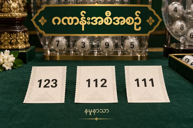 123၊ 112 နှင့် 111 ရေးထားသော စိတ်ကူးထီလက်မှတ်သုံးစောင်