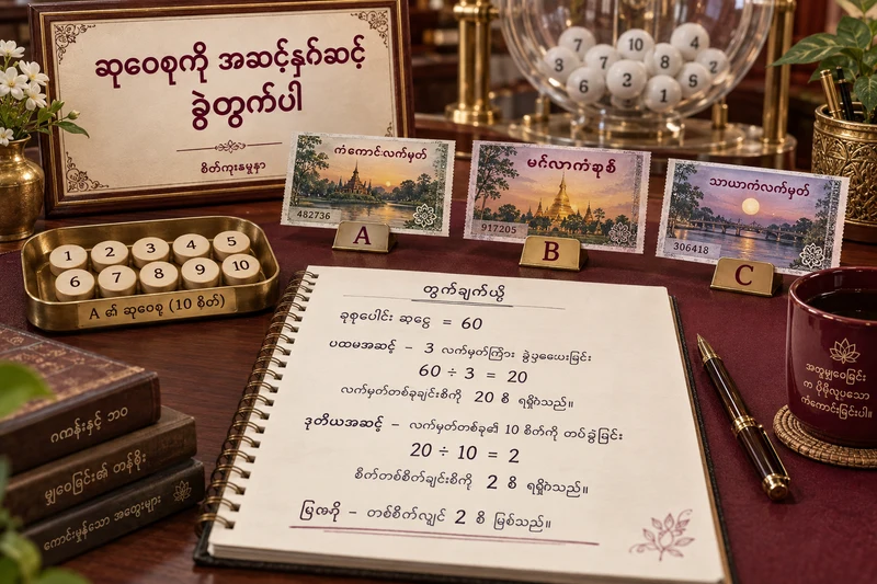 စိတ်ကူးထီလက်မှတ်A B Cနှင့်ဆုဝေစု60÷3=20၊20÷10=2တွက်ပုံကိုပြသောပုံ